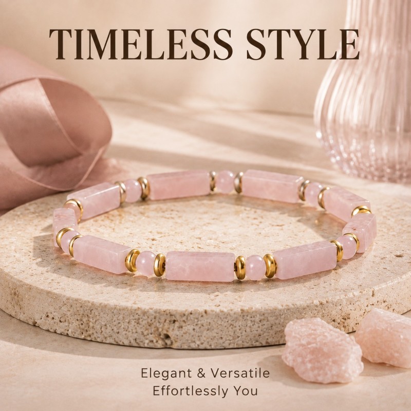 Romantic Pink Rectangular & Round Bead Bracelet, Elegant Gift